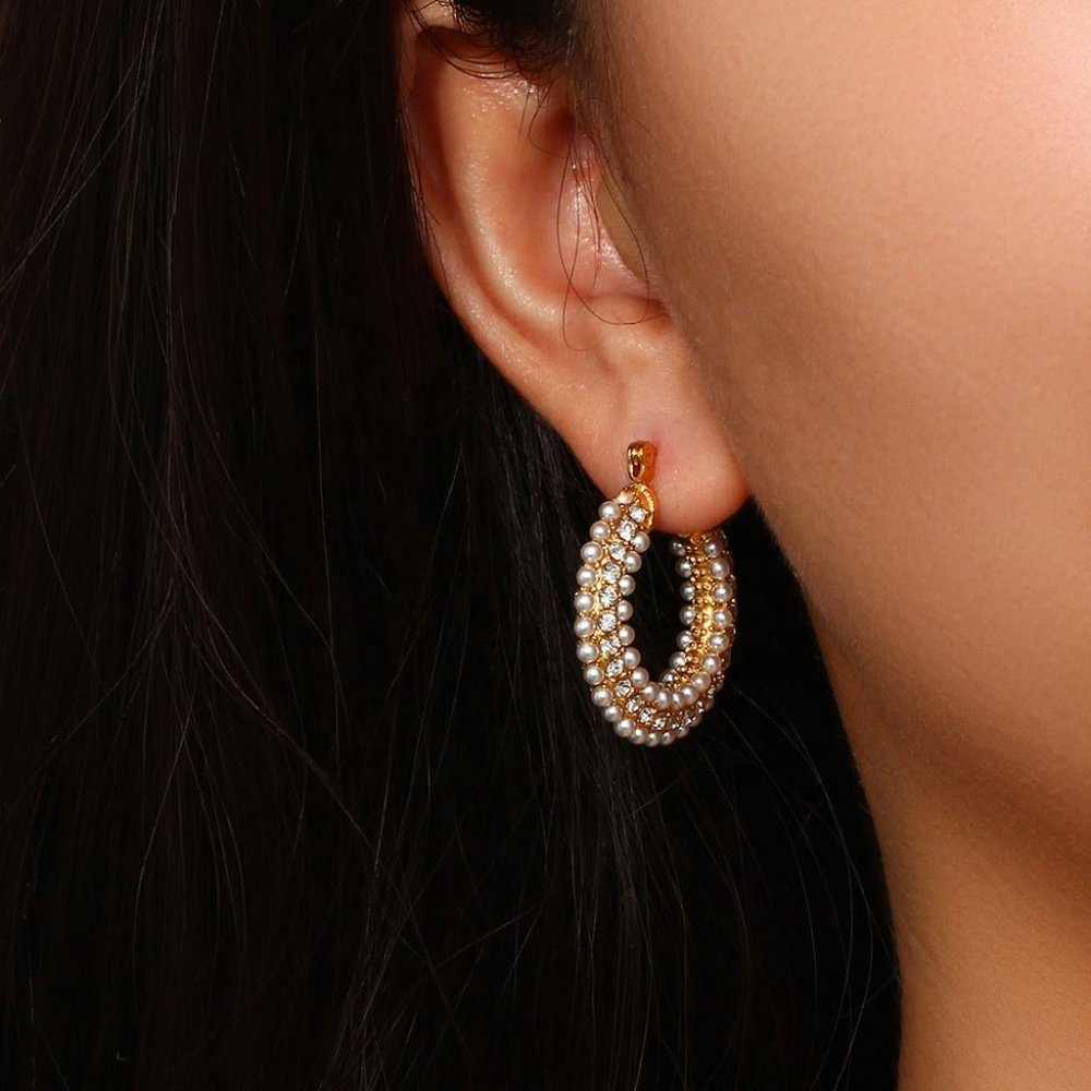 Zircon & Imitation Pearl Hoop Earrings 18K Gold Plated Stainless Steel - Picture 7 of 10